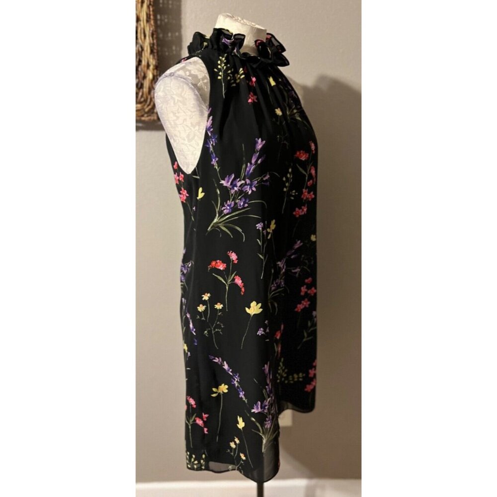 Tahari Dress 10 Black Multi Floral Ruffle Neck Shift Flowy Sleeveless Summer - Picture 5 of 8